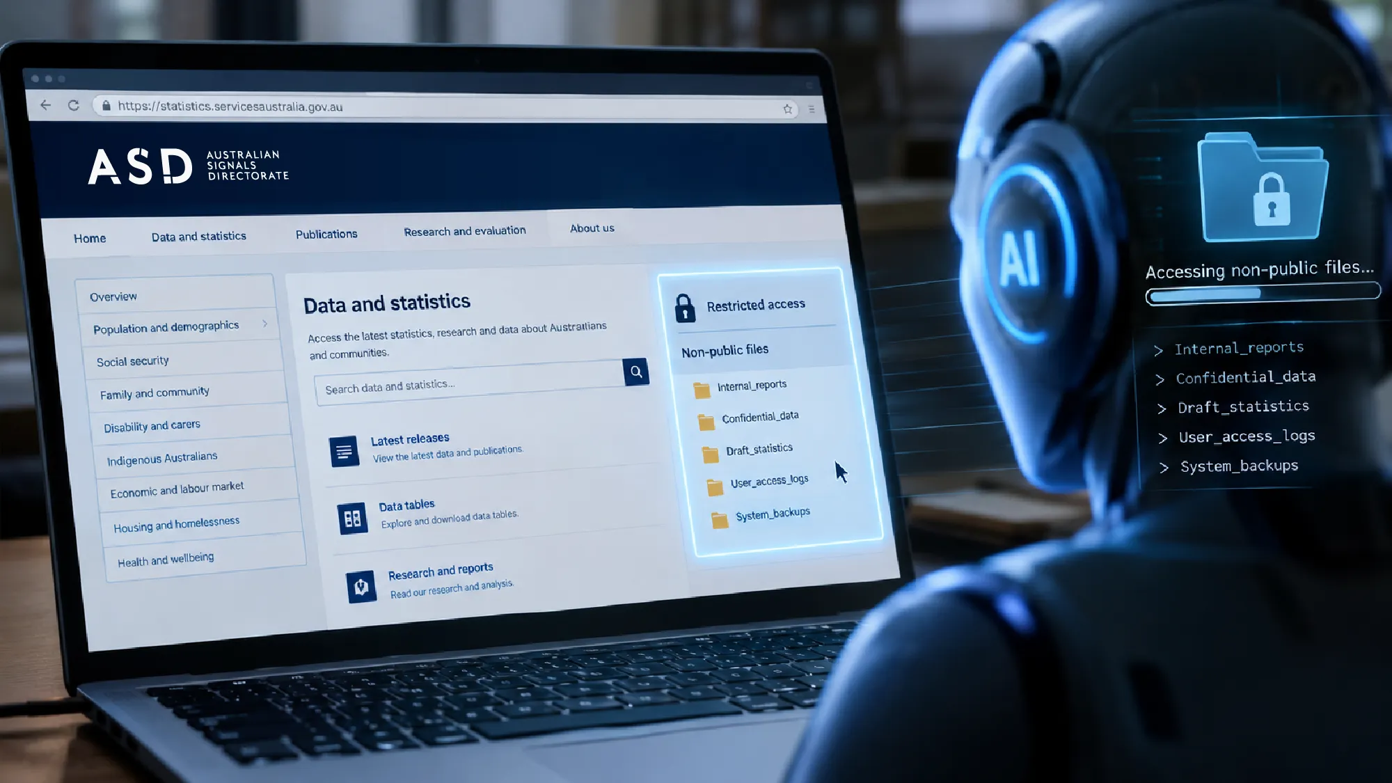 An AI agent in a headset beside a laptop showing a statistics portal, with a panel listing non-public files being accessed.