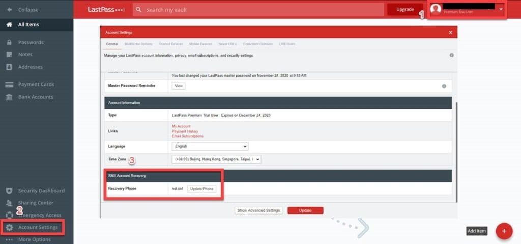 Set SMS Account Recovery