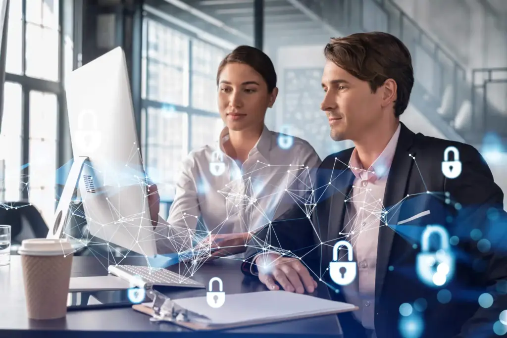 businessman businesswoman working together protect clients confidential information cyber security it hologram padlock icons office background with panoramic windows