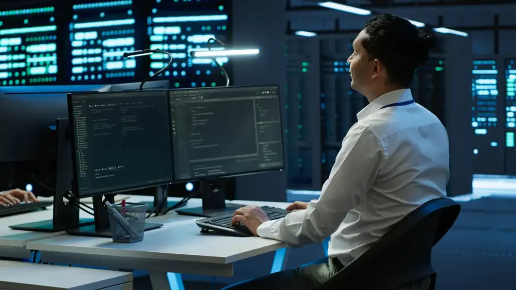 developer coworker overseeing data center